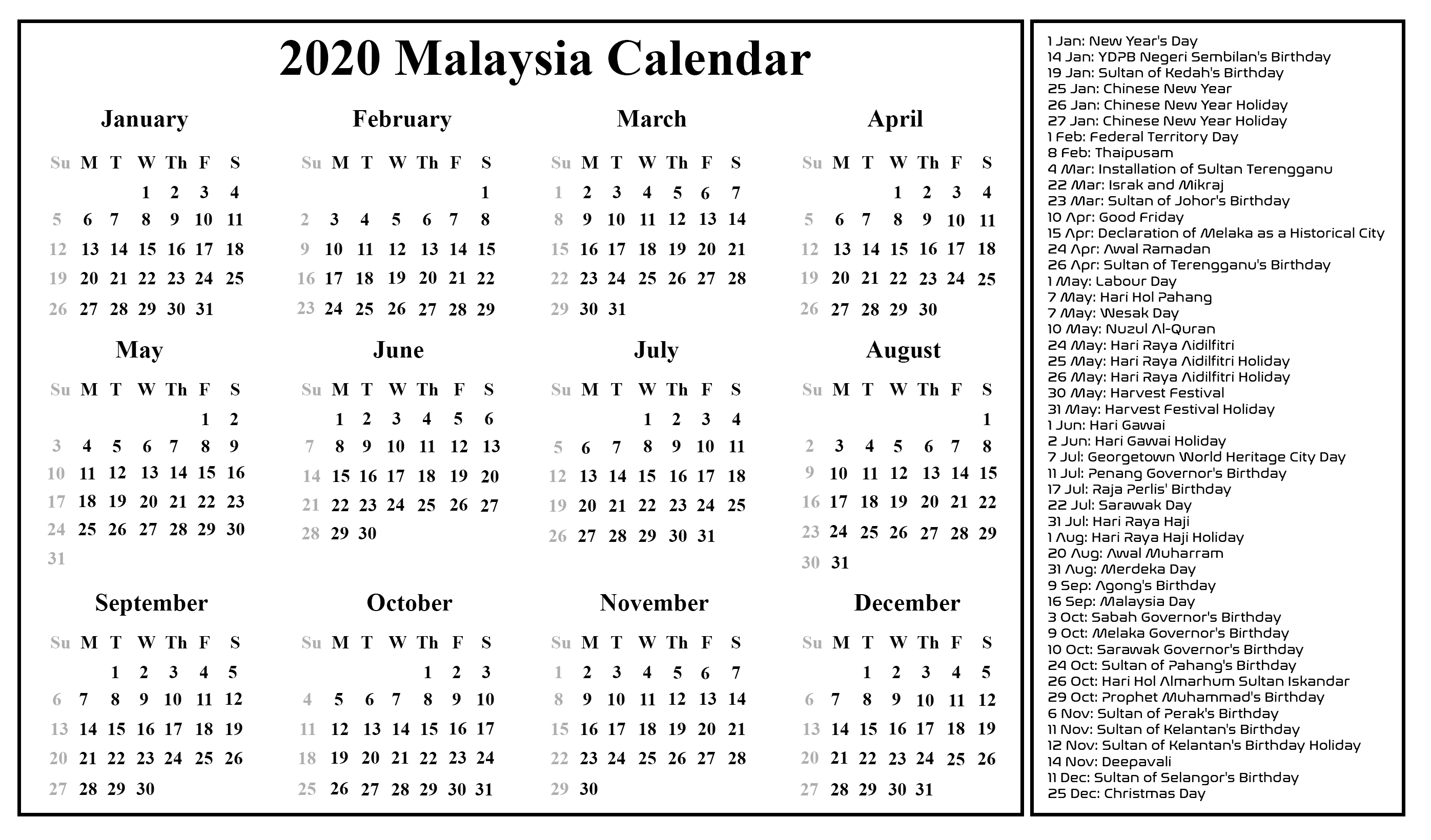 Malaysia Calendar 2020 Printable | Printable Calendar Incredible Malaysia School Holiday 2020 Excel