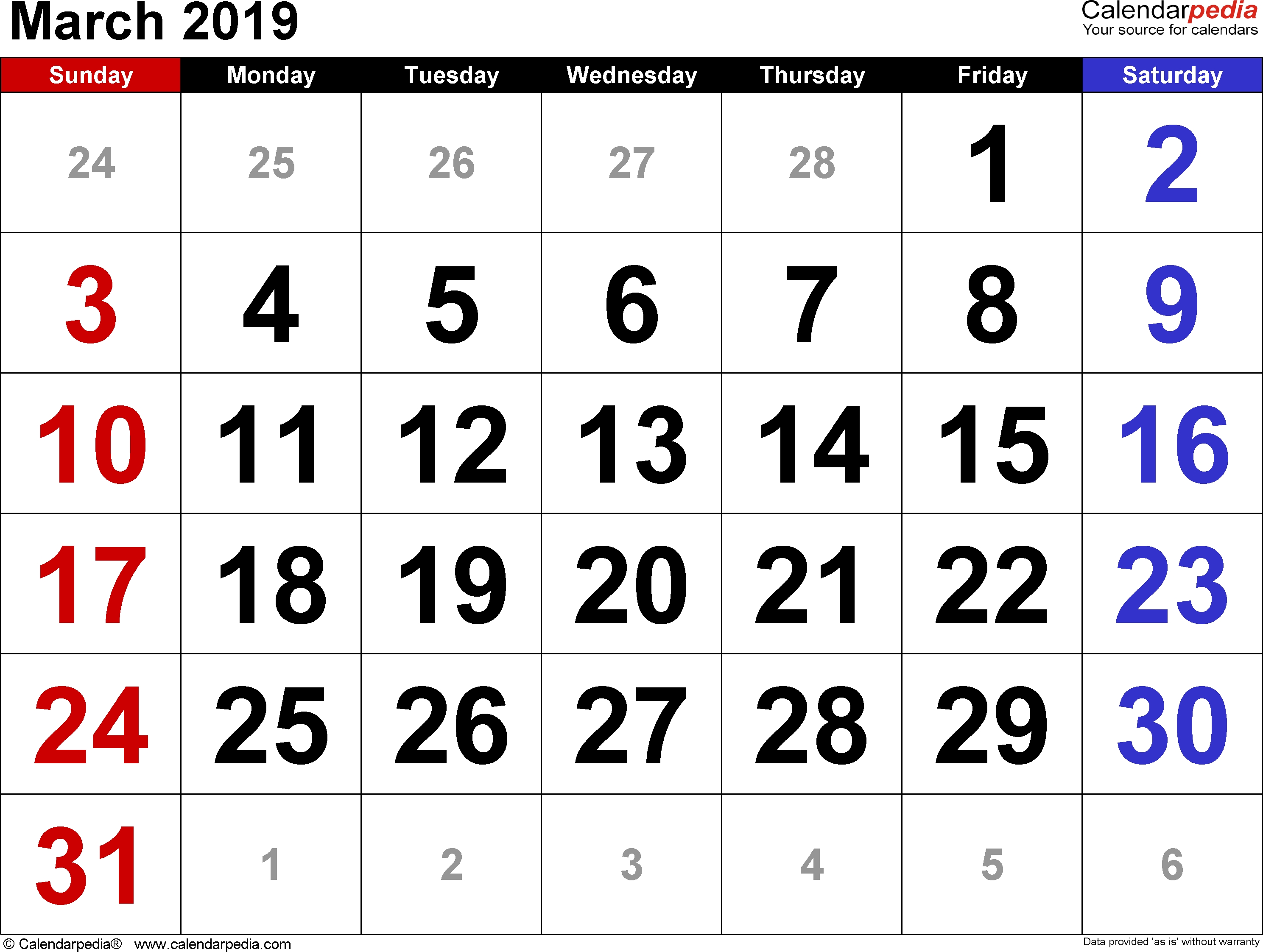 March 2019 - Calendar Templates For Word, Excel And Pdf Free Printablle Calendarwith Us Holidays And 1 Omth Preceding And 1 Following