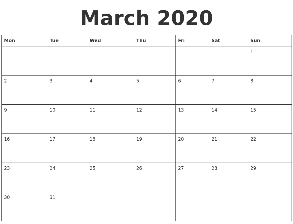 March 2020 Blank Calendar Template Blank Calendar Template Monday Start