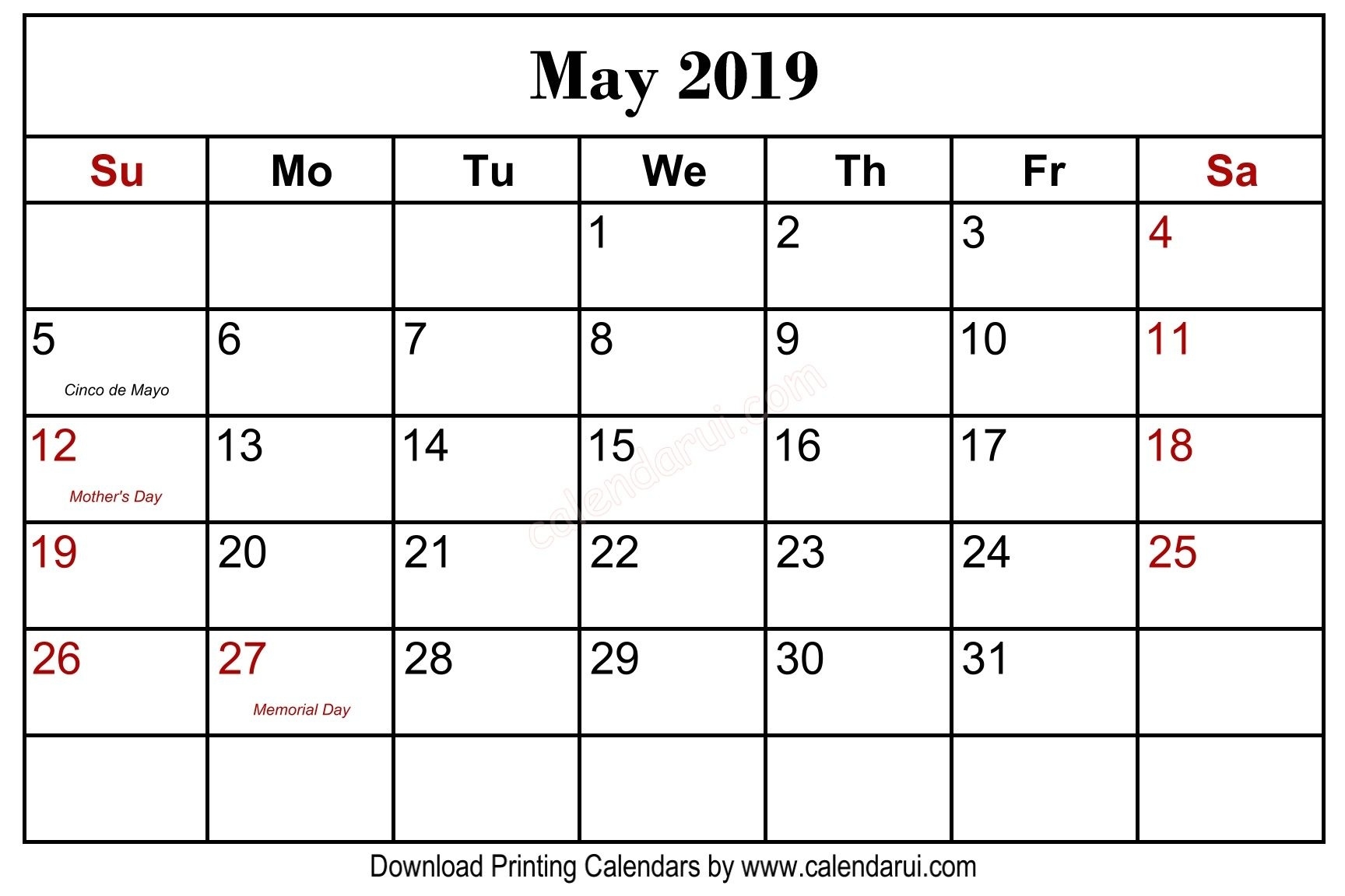 May 2019 Calendar Holidays Printable Usa Public Holidays Blank 2020 Calendar With Holidays Usa