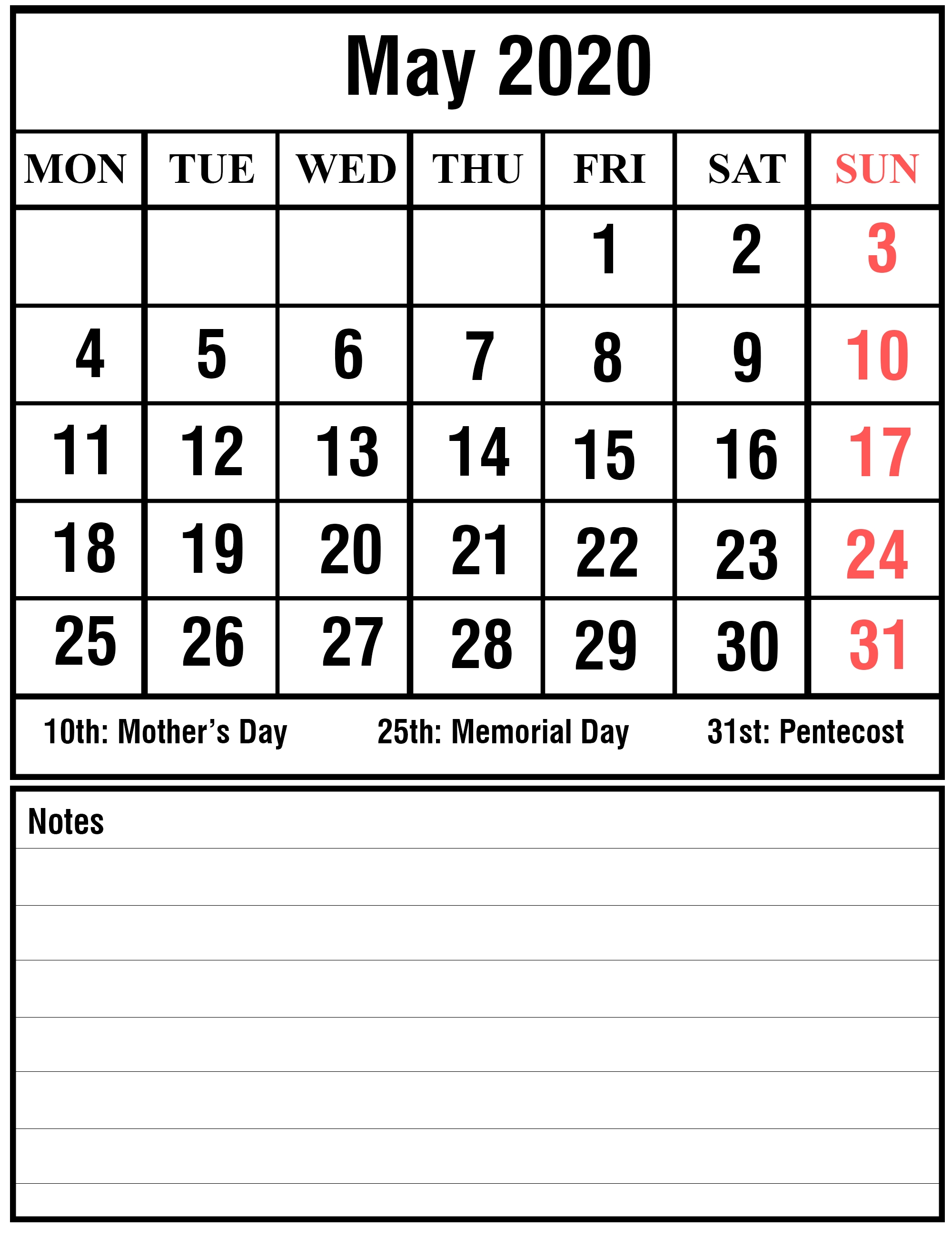 May 2020 Calendar Page | Blank Calendar Template, Calendar May 1 2020 Calendar