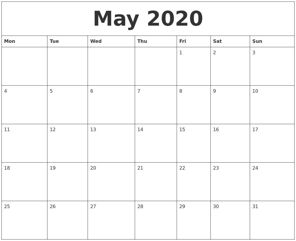May 2020 Calendar Printable | Free Printable Calendar Printable Blank Monthly Calendar Template 2020