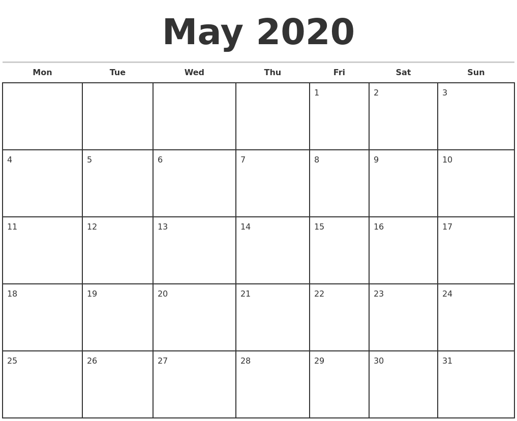 May 2020 Monthly Calendar Template Perky Saclendar To Print Monthly Starting Moneday