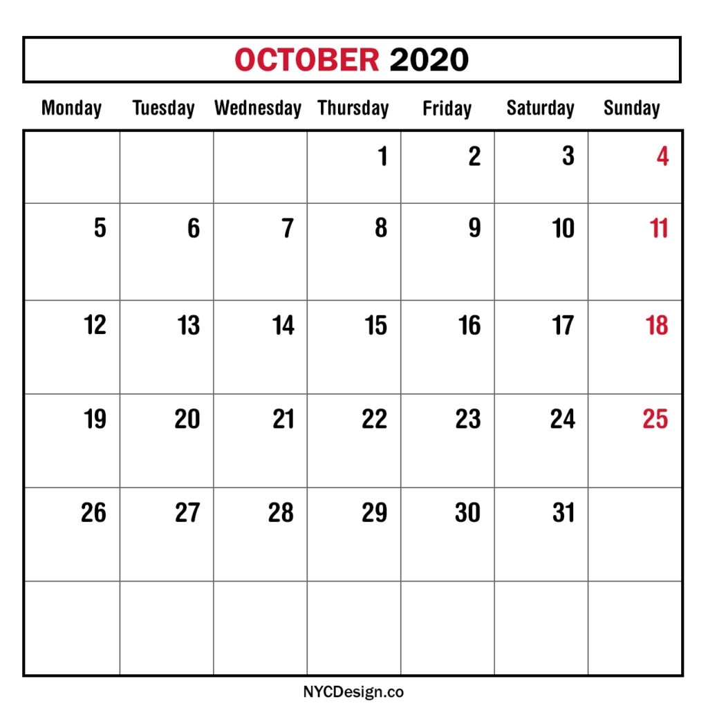 Monthly Calendar October 2020, Monthly Planner, Printable Month Calendar Starting On Monday