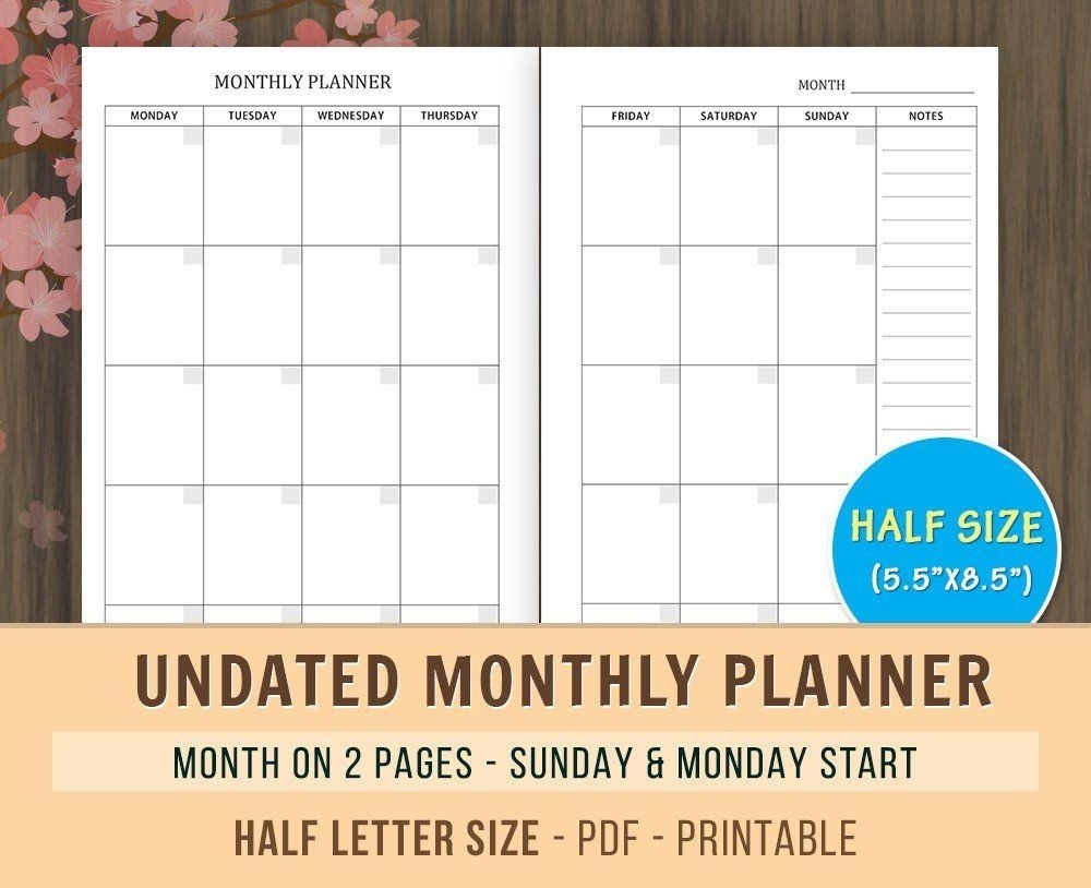 Monthly Planner Inserts, Undated Calendar, Printable Planner Incredible Printable 5.5 X 8 Calanders