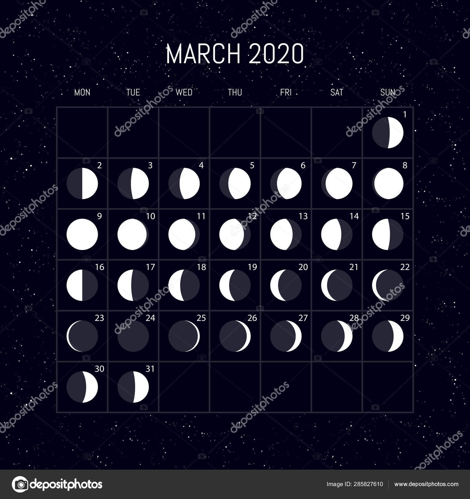 Moon Phases Calendar For 2020 Year. March. Night Background March 2020 Lunar Calendar