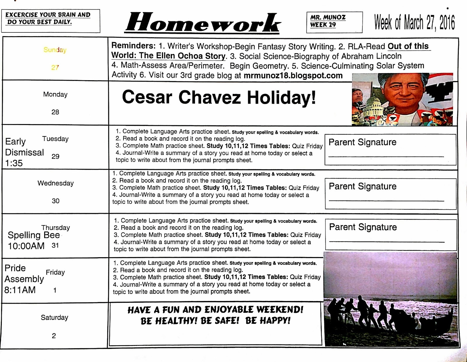 Mr. Munoz&#039;s 3Rd Grade Blog: Weekly Homework Calendar 3/28/16 Impressive Weekly Homework 3Rd Grade Calendar