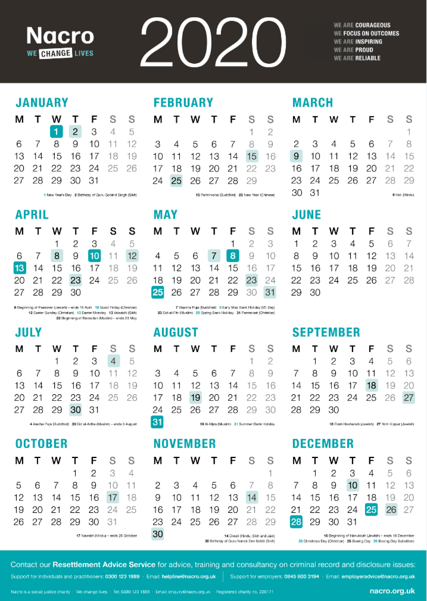Nacro 2020 Wall Calendars Now Available To Order | Nacro Extraordinary 2020 Calendar With Bank Holidays Uk
