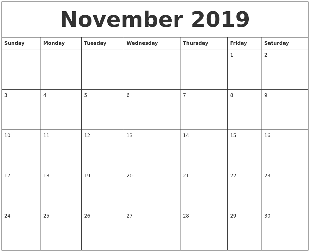 November 2019 Month Calendar Template Impressive Blank Month Calendar 30 Days