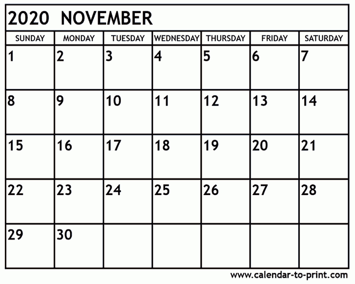 November 2020 Calendar Printable 2020 Calendar For November