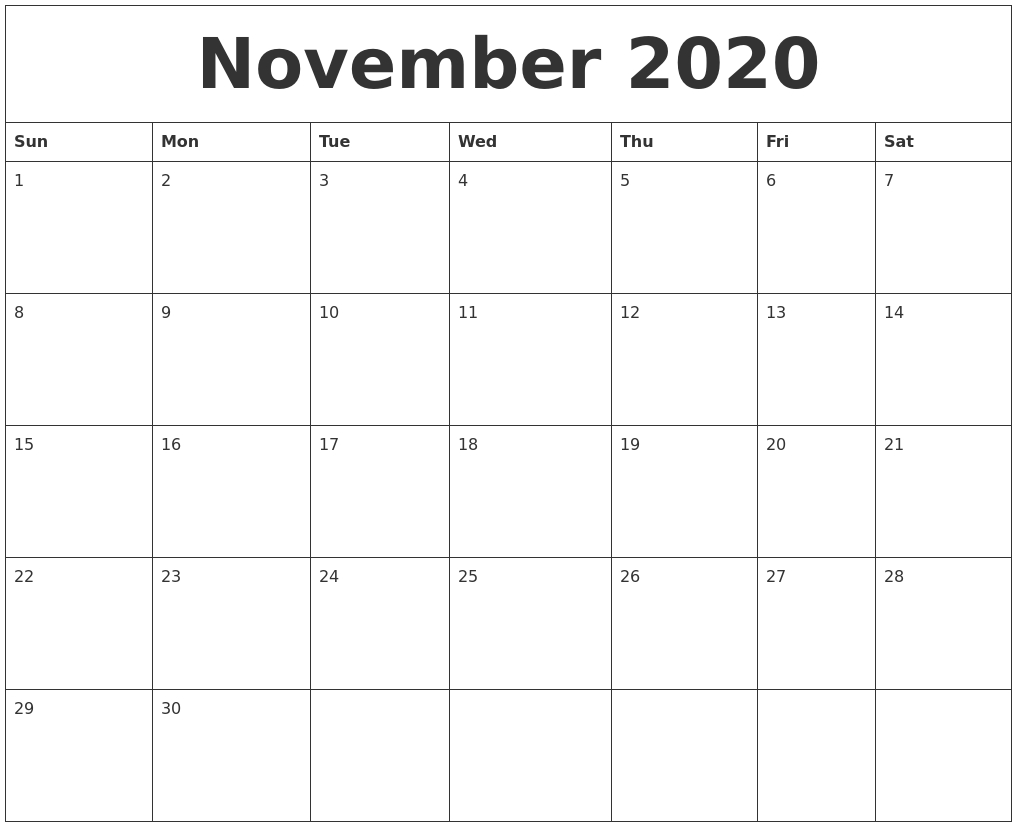 November 2020 Free Printable Monthly Calendar Free Printable Monthly Calandar Starting Monday