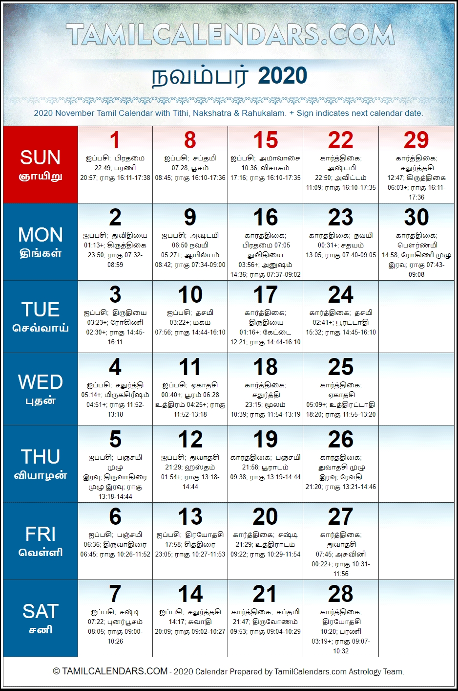 November 2020 Tamil Calendar | Vikari Varusham Panchangam Tamil Calendar 2020 November