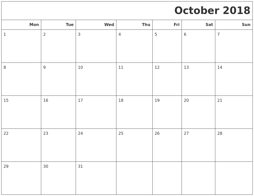 October 2018 Calendar Printable Monday Start | November Blank Calendar Starting On Monday