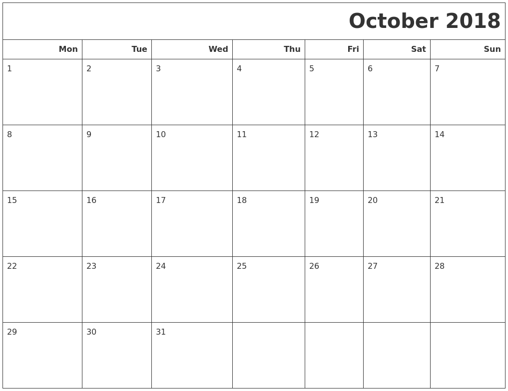 October 2018 Calendar Printable Monday Start | November Calender To Print With Monday Start Date