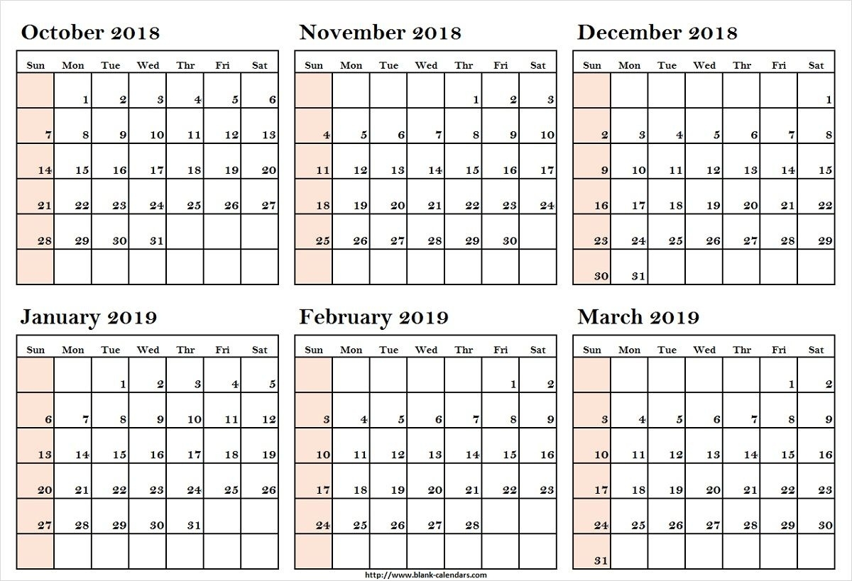 October 2018 To March 2019 Calendar Printableoctober 2018 To Free 6 Month Calnader Template