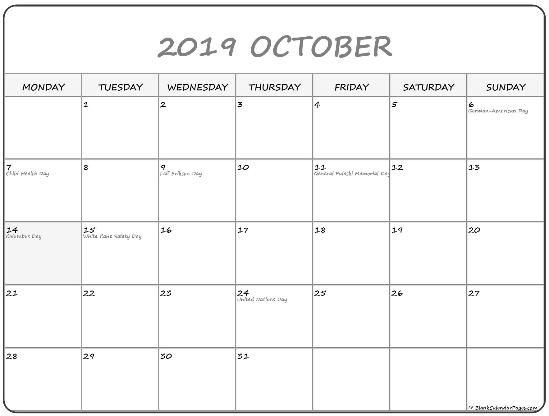 October 2019 Monday Calendar | Monday To Sunday Perky Month Calendar Starting On Monday