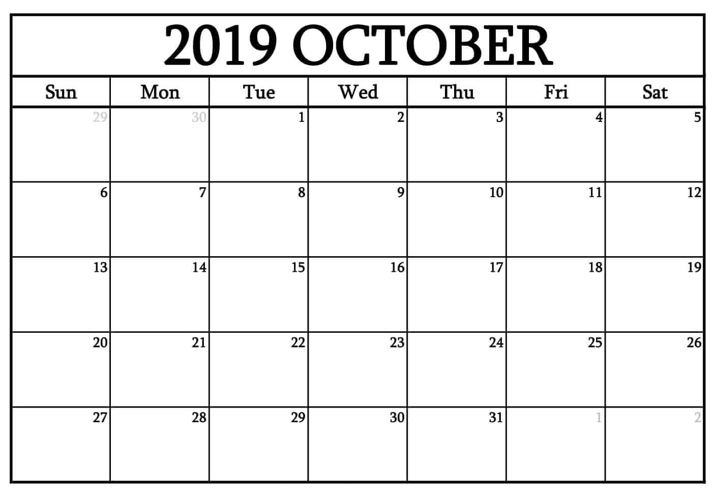 October 2019 Printable Calendar Word, Pdf By Month – Latest Exceptional Printable Calendar That You Can Type On
