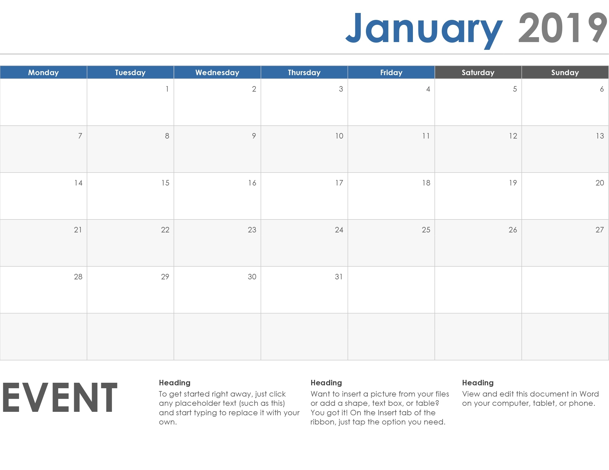 One-Month Student Calendar (Monday Start, Star Design) Monday Through Friday Word Calendar