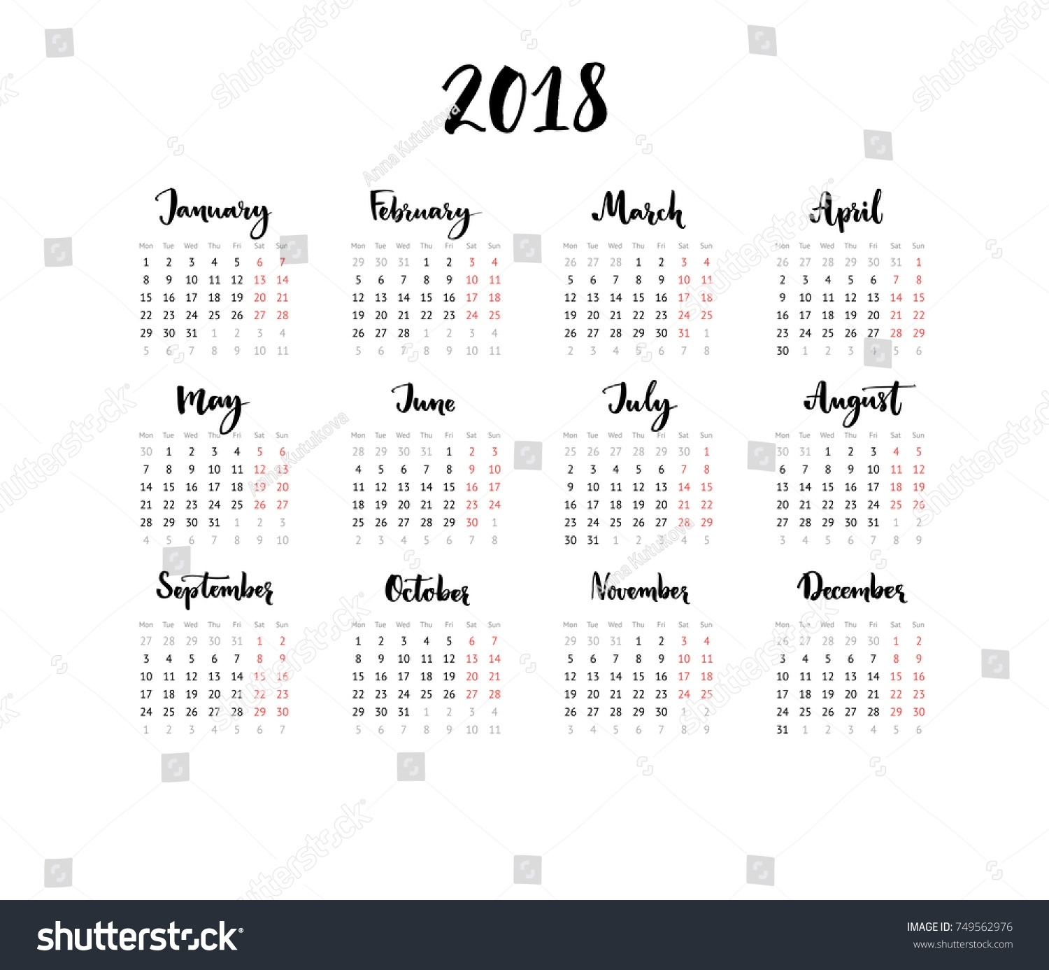 One Page Calendar 2018 Calligraphy Months Stock Vector Extraordinary 6 Months On One Page Grid Calendar