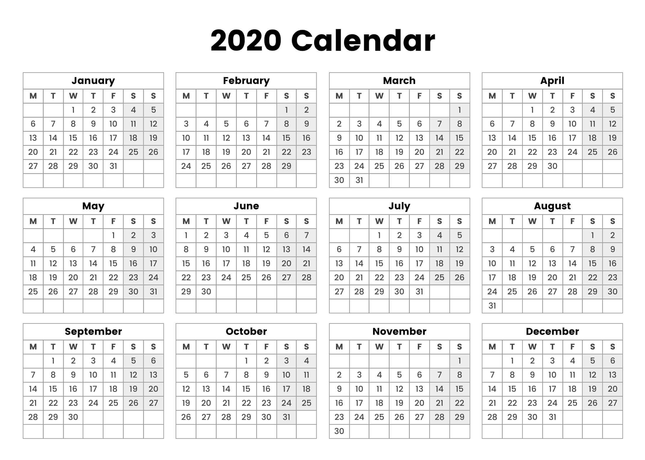 One Page Yearly Calendar 2020 Printable Cute - 2019 Exceptional 2020 Writeable Year At A Glance Calendar In Excel