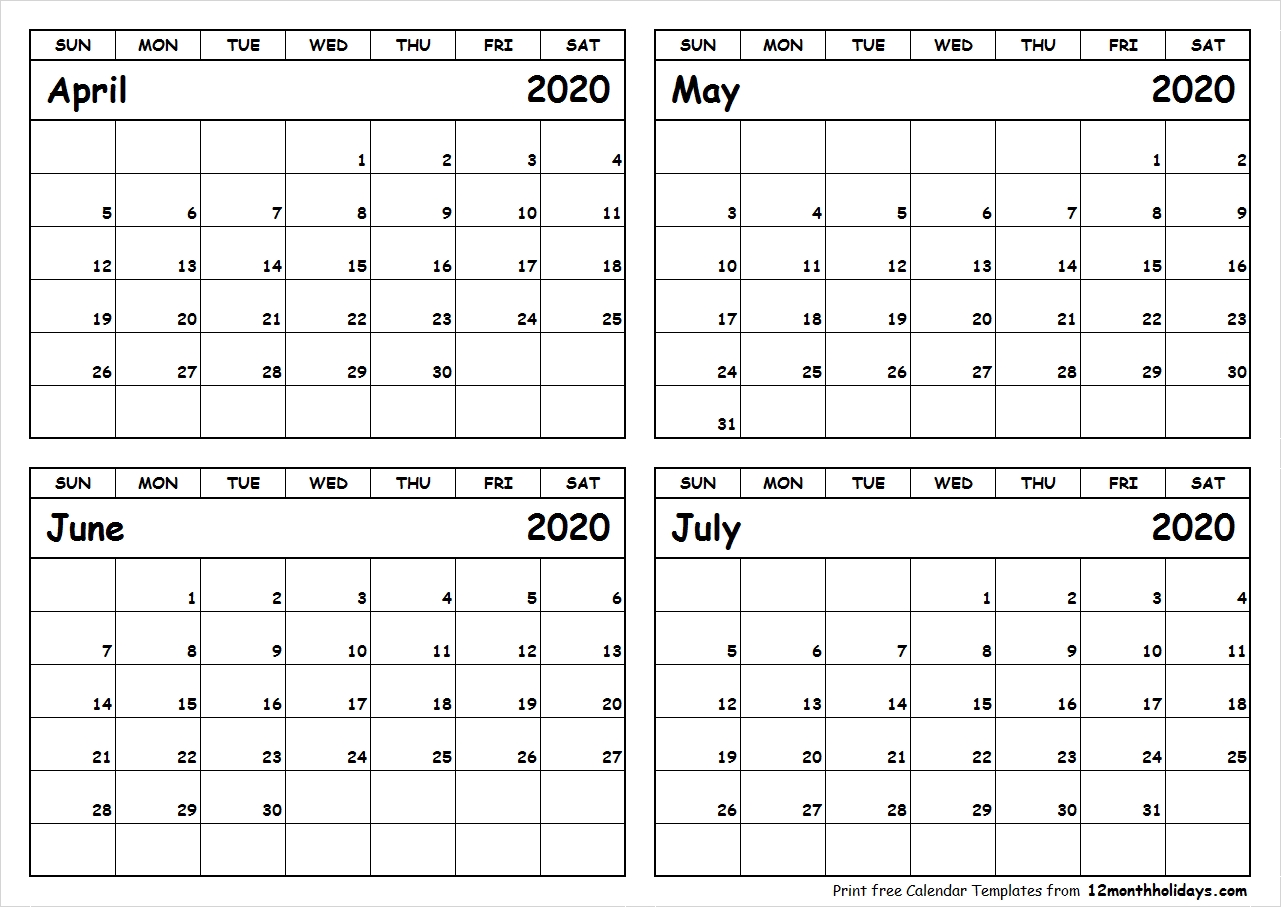 Print April To July 2020 Calendar Template | 4 Month Calendar 4 Month Calendar Printable Free