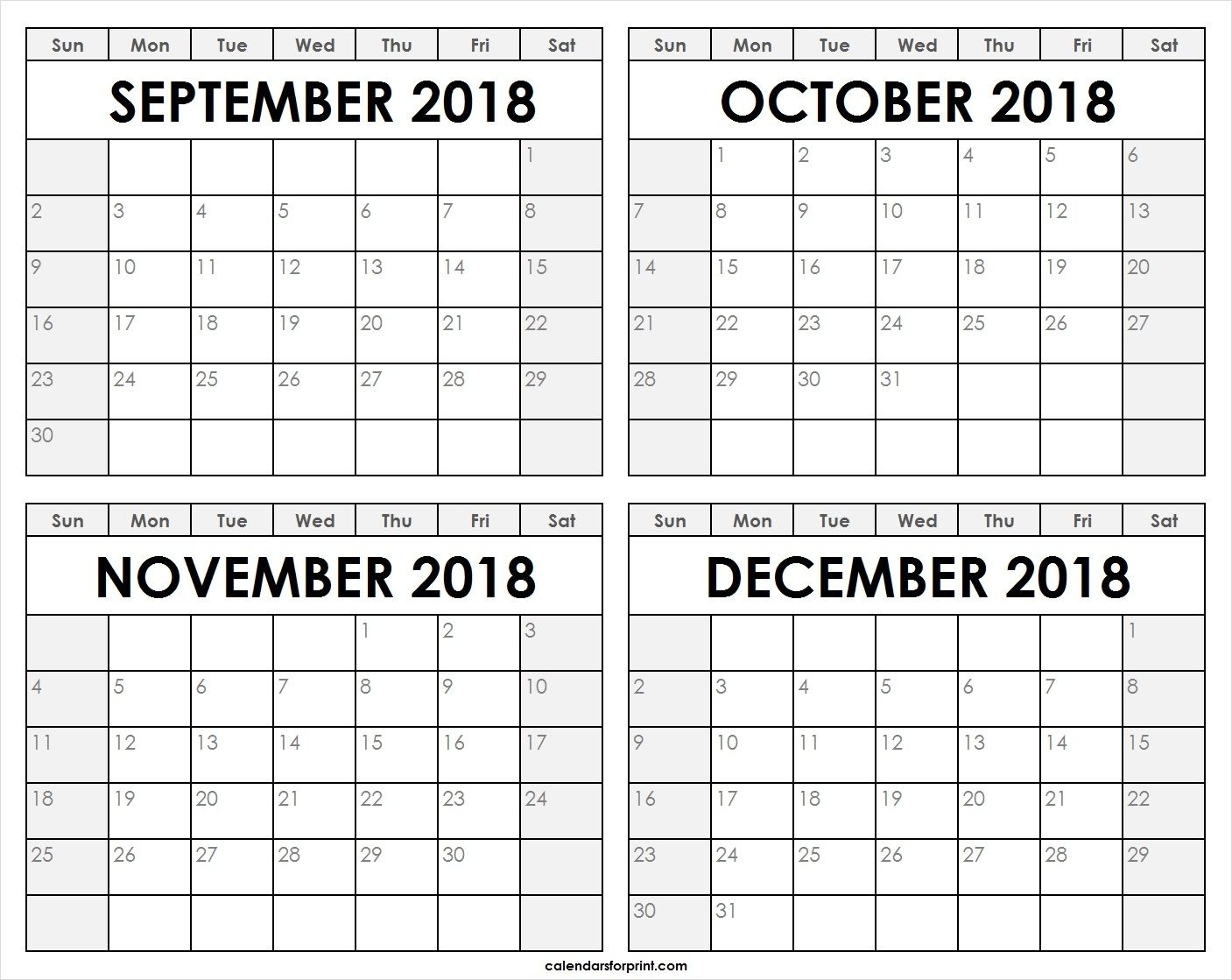 Print Blank September October November December 2018 Remarkable Blank Four Month Calendar On One Page