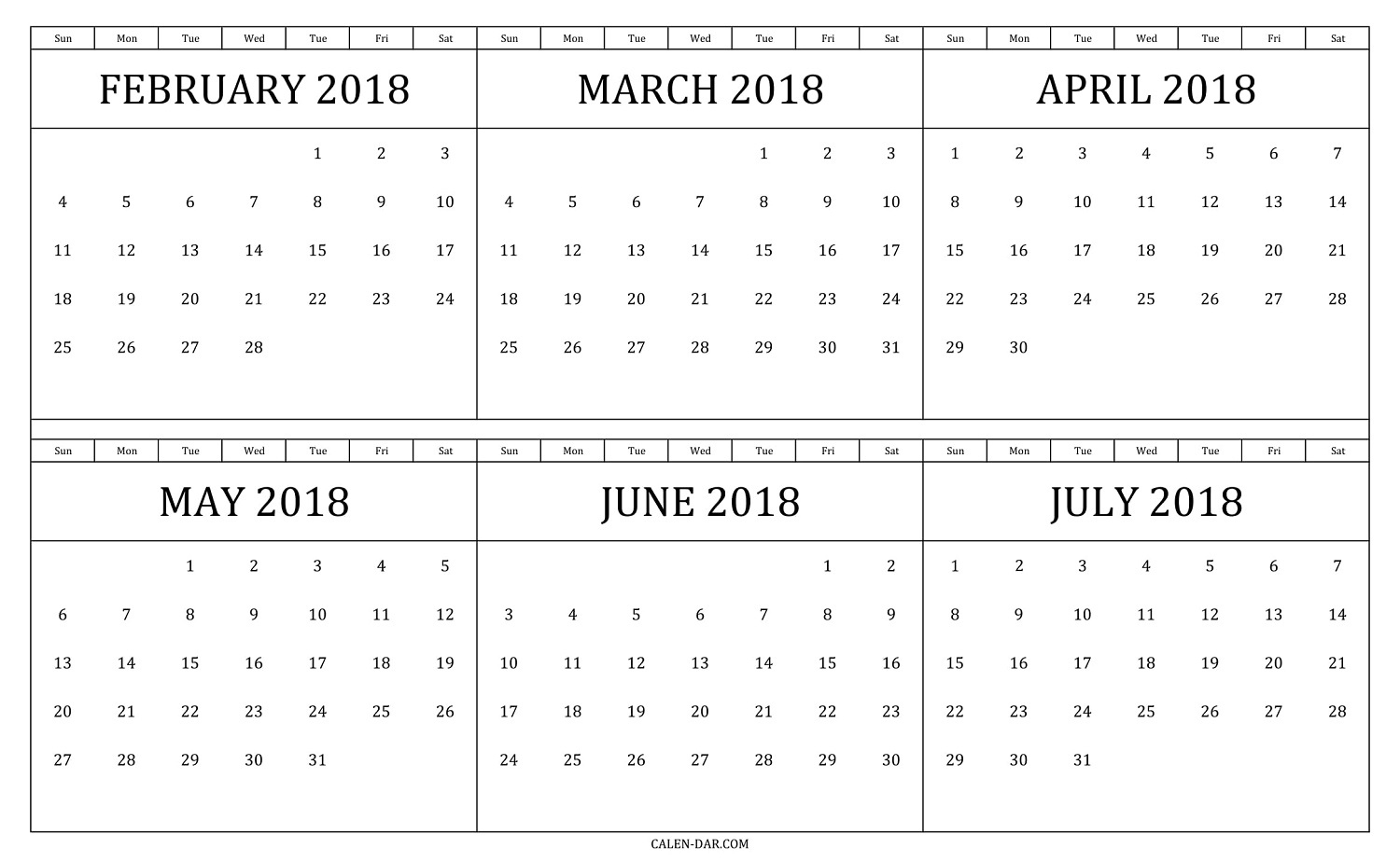 Print Calendar February To July 2018 Pdf | Six Months Cute Dashing Free Six Month Calendar Template