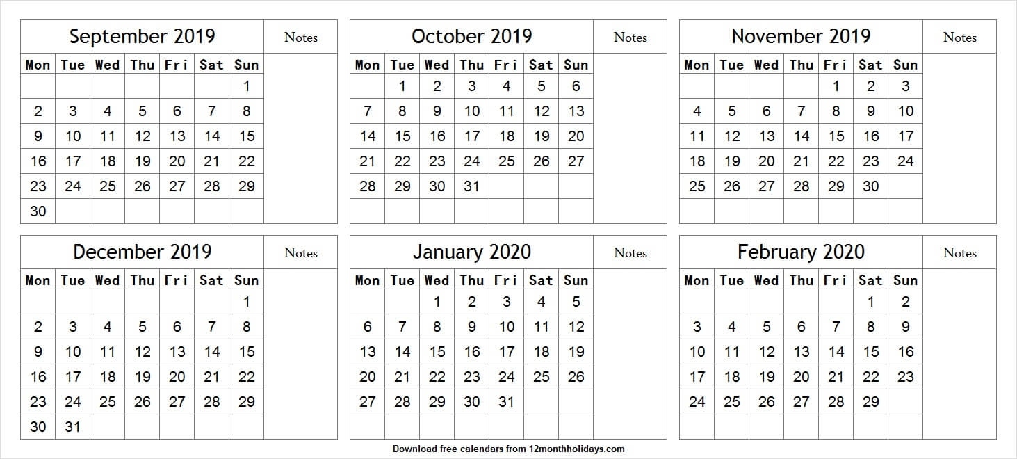 Print Free 6 Month Calendar September To February 2020 With 6 Month Blank Calendar 2020