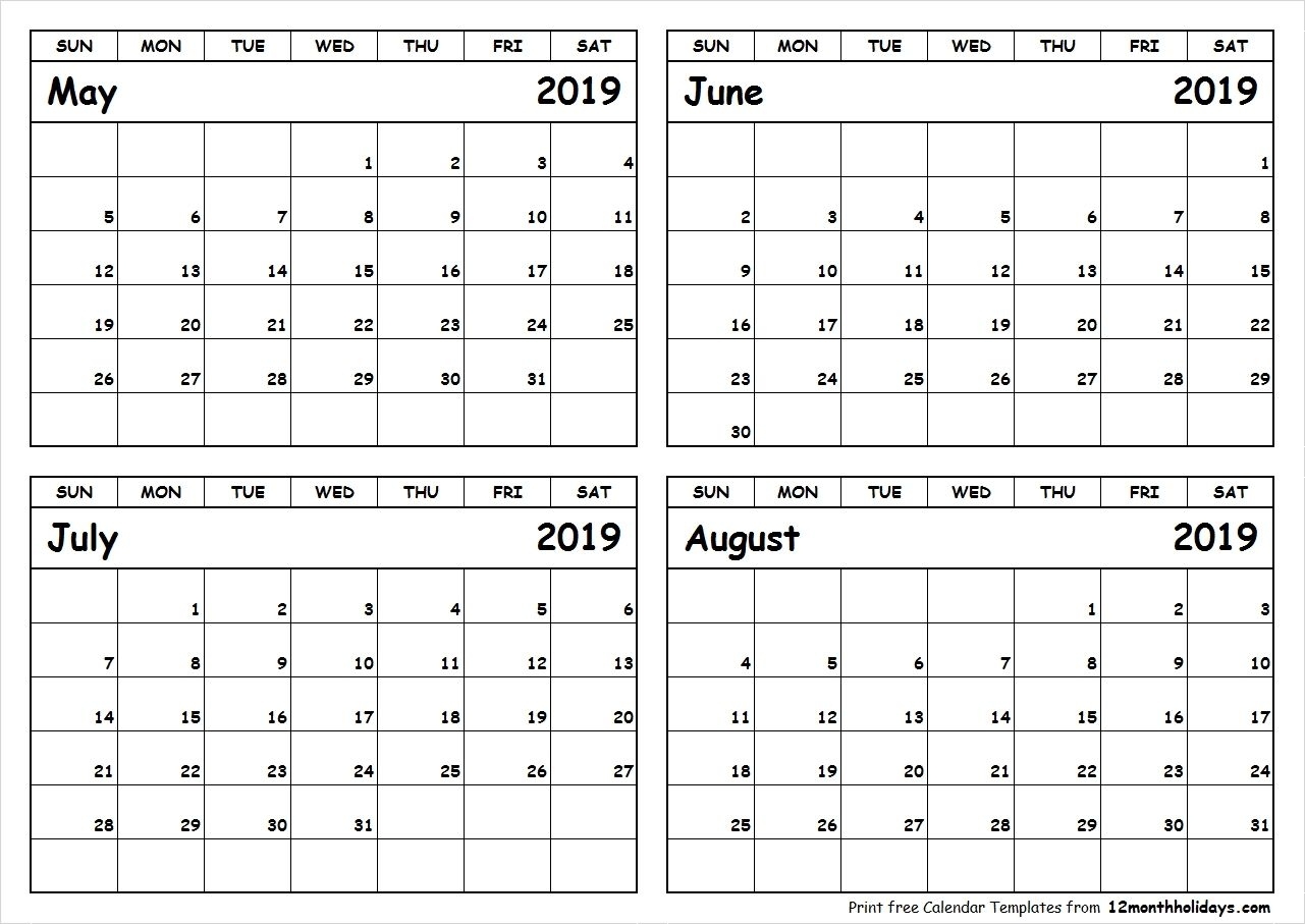 Print May To August 2019 Calendar Template | 4 Month 4 Month Calendar At A Glance To Print