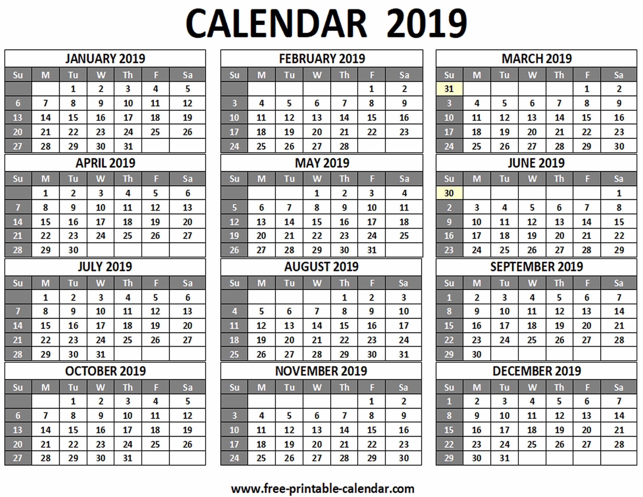 Printable 2019 Calendar - Free-Printable-Calendar 6 M Onth Calendar On One Page