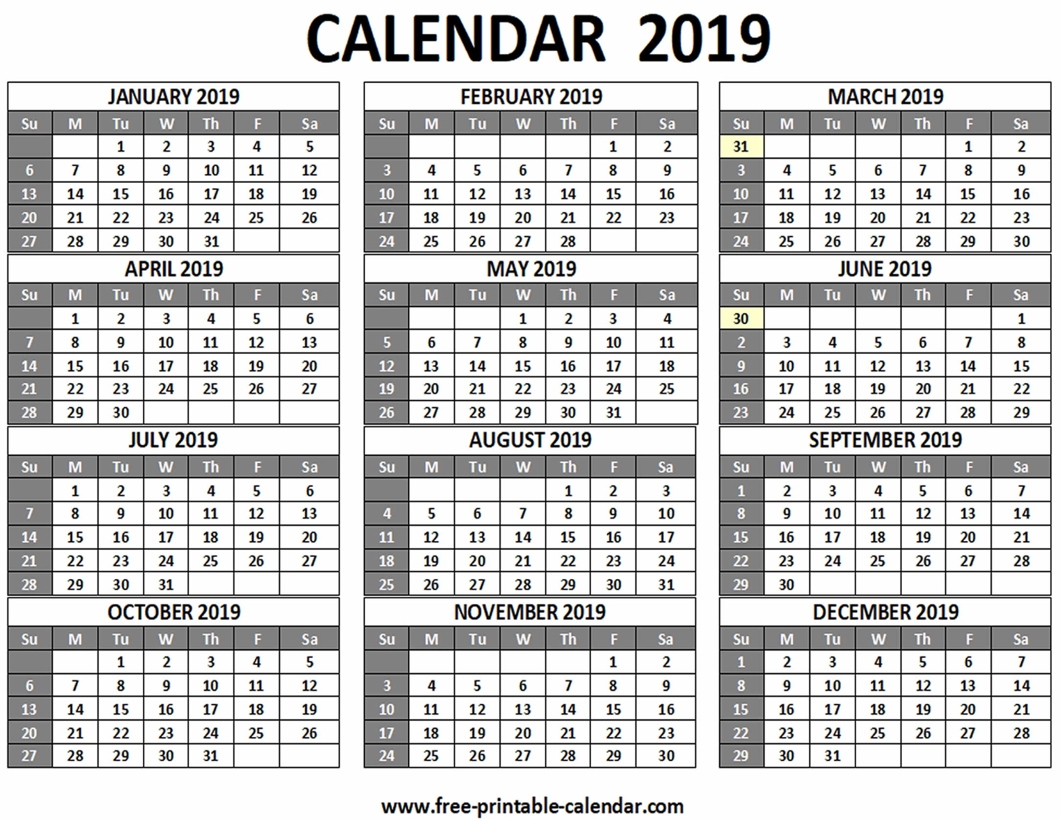 Printable 2019 Calendar - Free-Printable-Calendar Incredible 12 Month View Calendar Printable