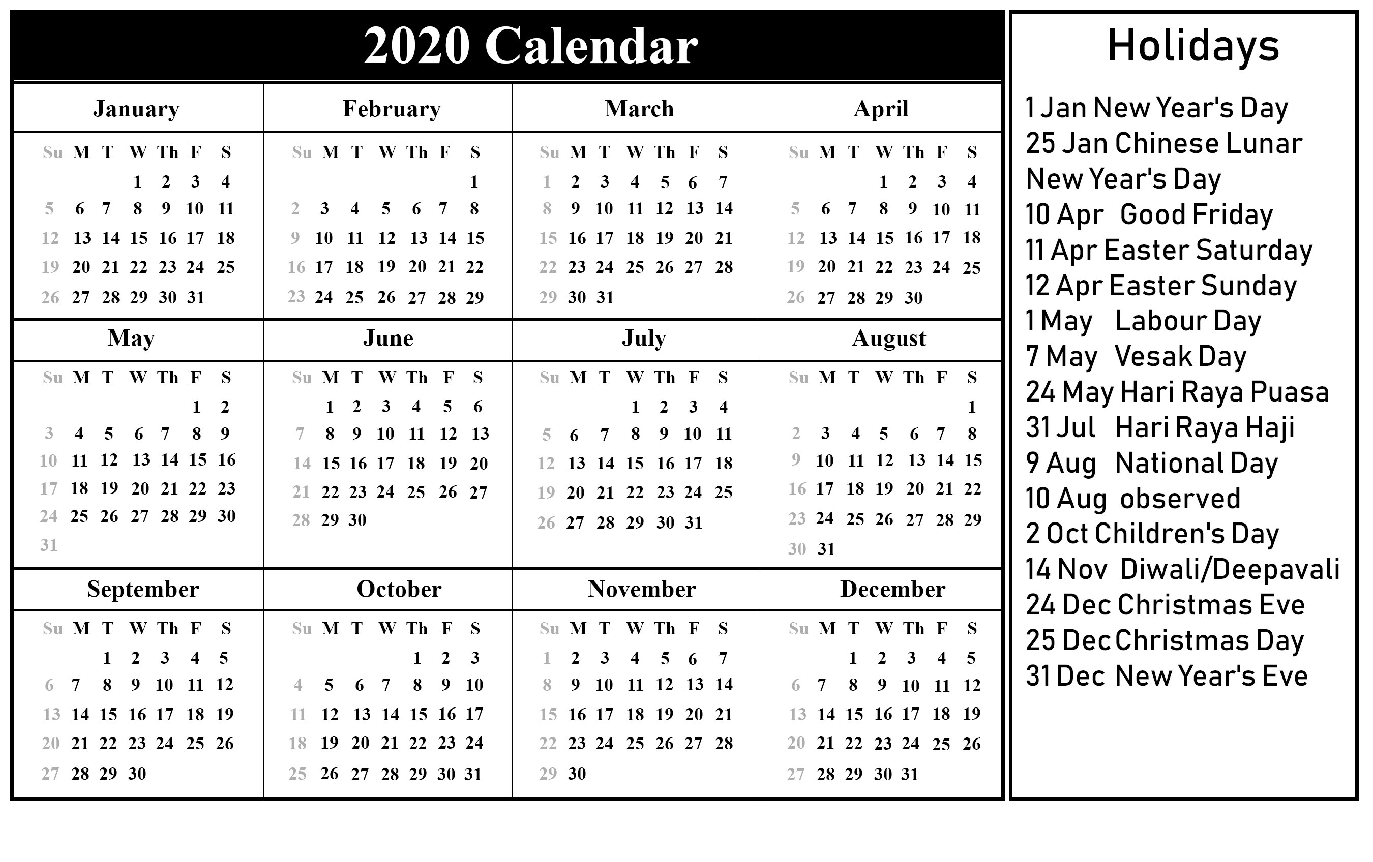 Printable 2020 Calendar By Month With Holidays | Printable Incredible Chinese Lunar/gregorian Calendar 2020 Free Printable