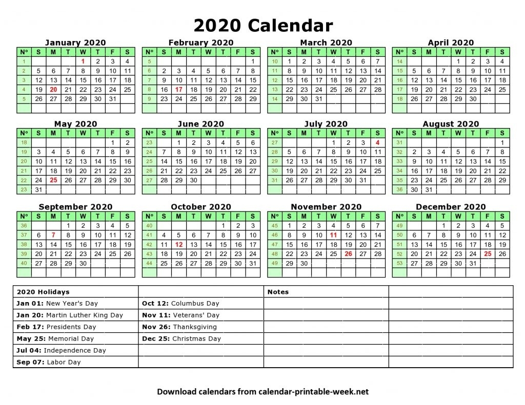 Printable 2020 Calendar – Calendar Printable Week 2020 Calendar Showing Federal Holidays