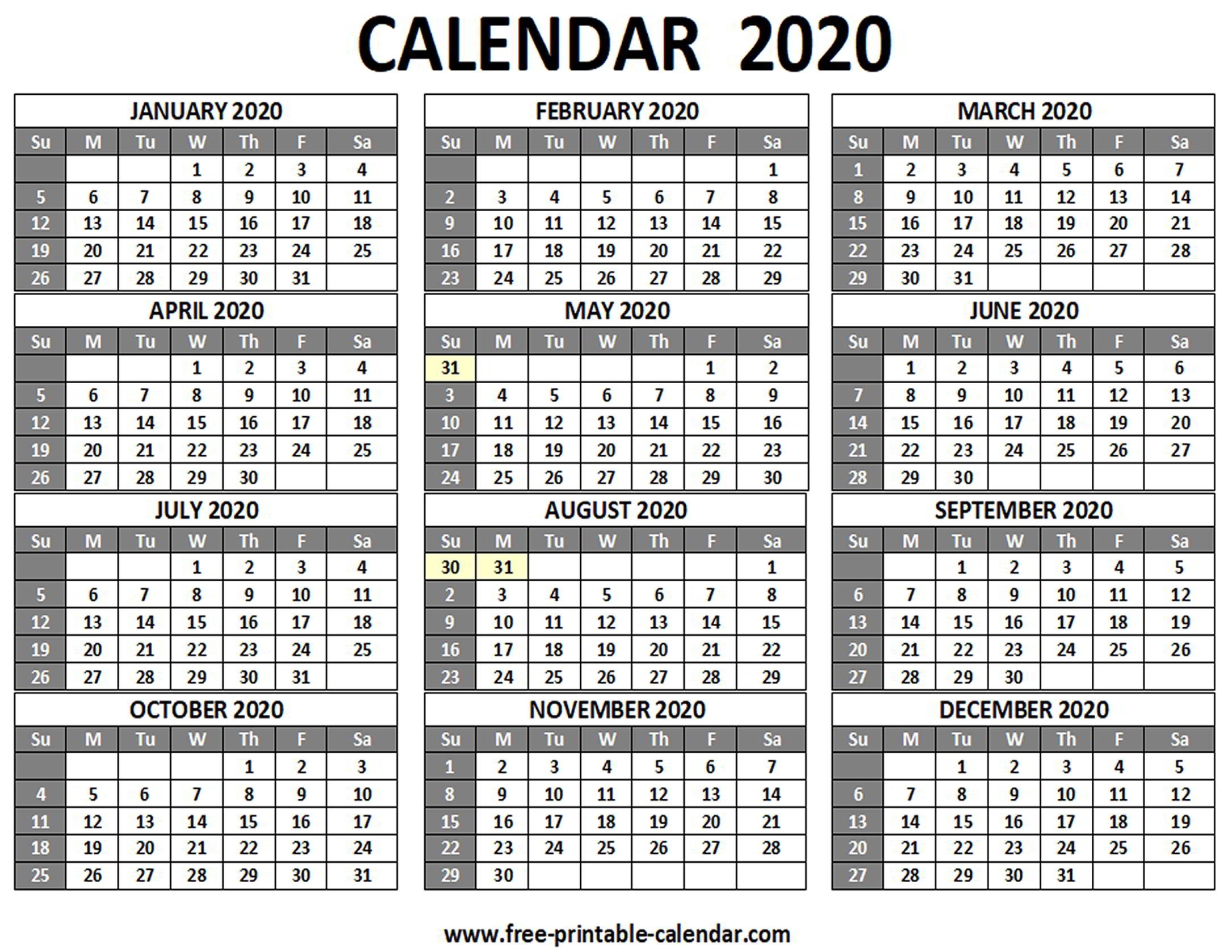 Printable 2020 Calendar - Free-Printable-Calendar 2020 Calendar One Page