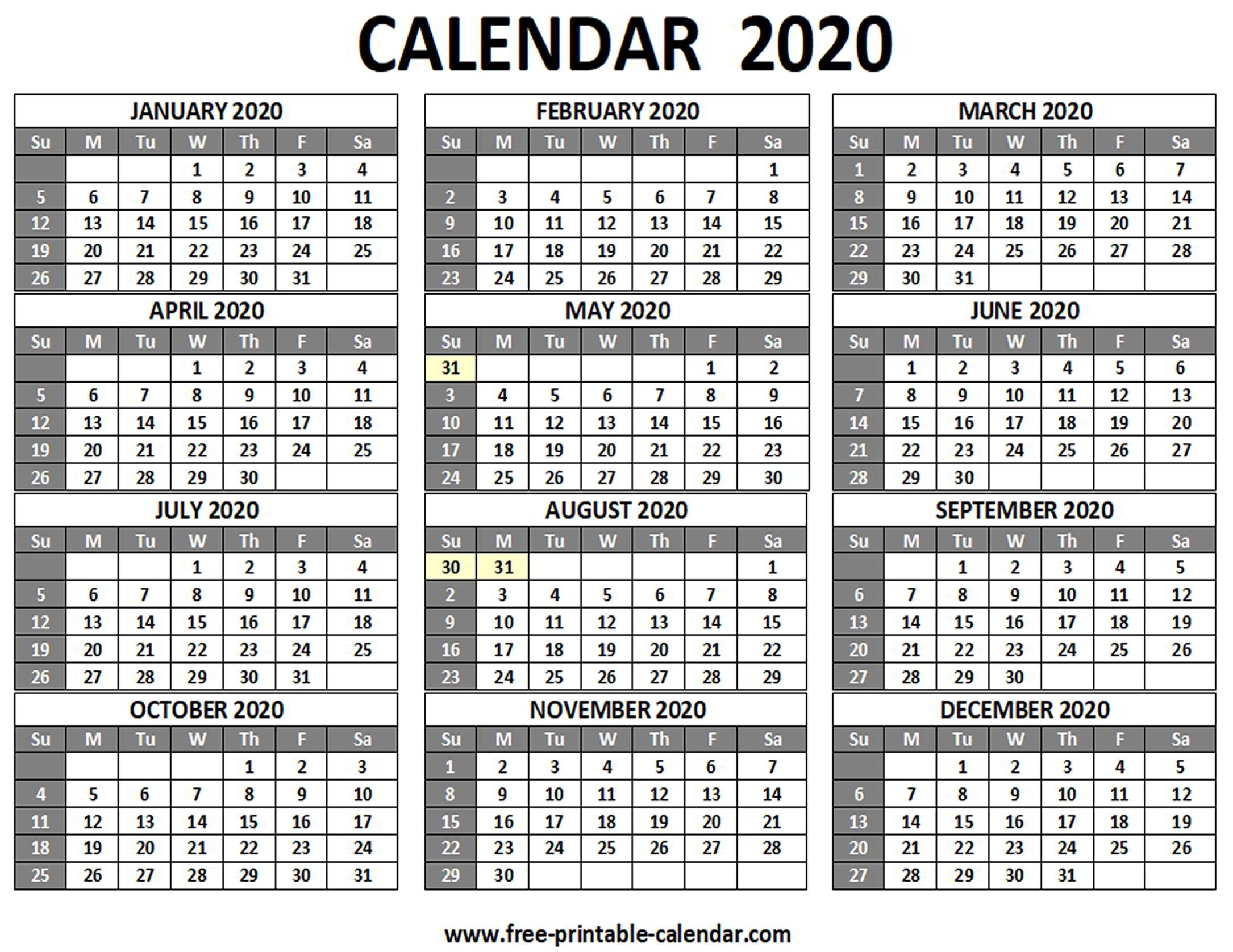 Printable 2020 Calendar - Free-Printable-Calendar Exceptional 2020 Black And White Printable Calendars