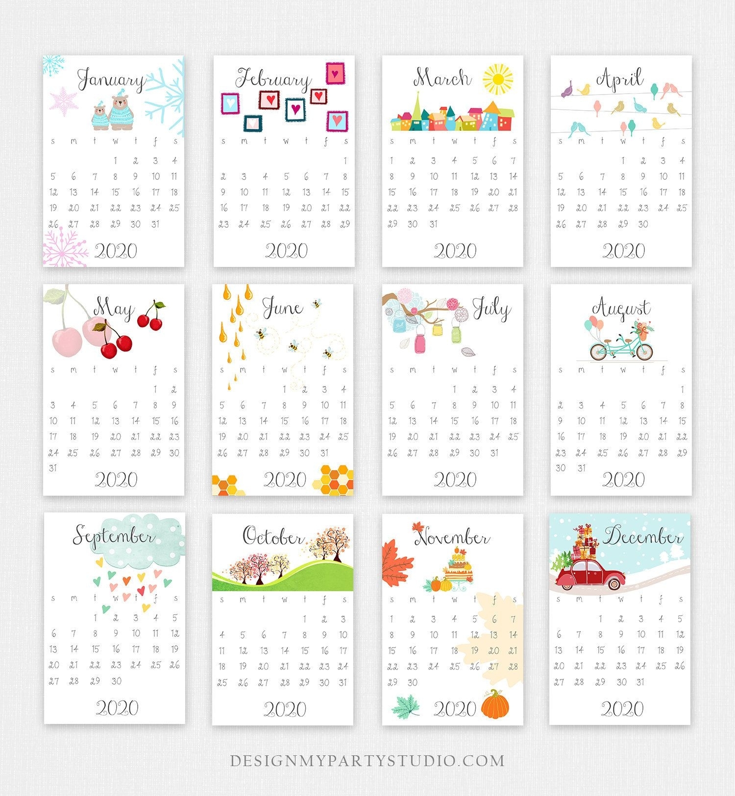Printable 2020 Calendar Wall Calendar Desk Calendar 4X6 Monthly Photo Calendar Templates