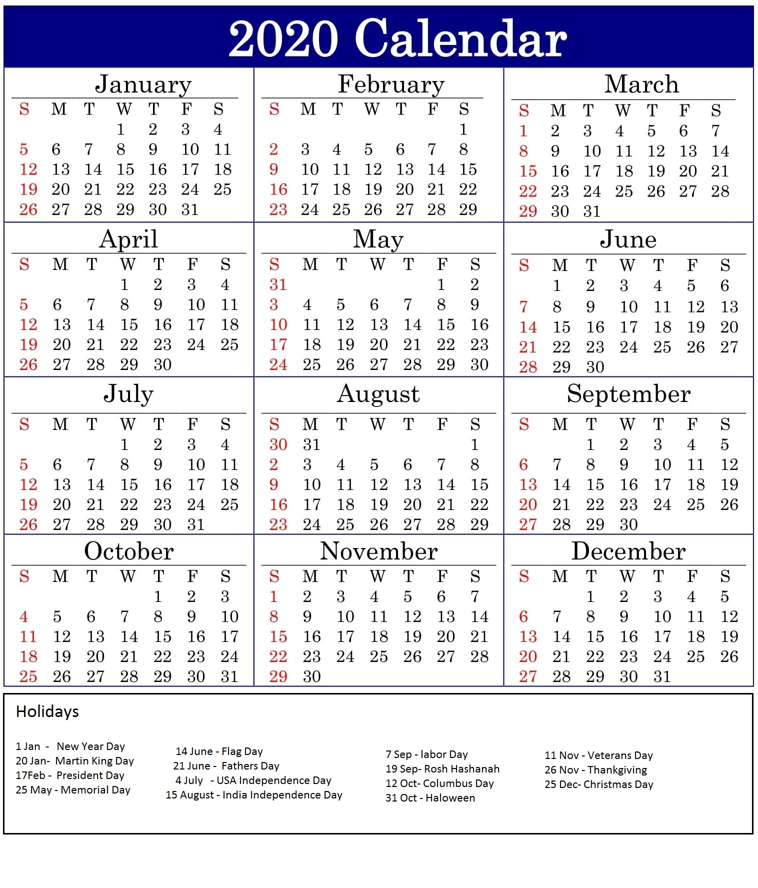 Printable 2020 Calendar With American Holidays - Latest 2020 Calendar Holidays Usa