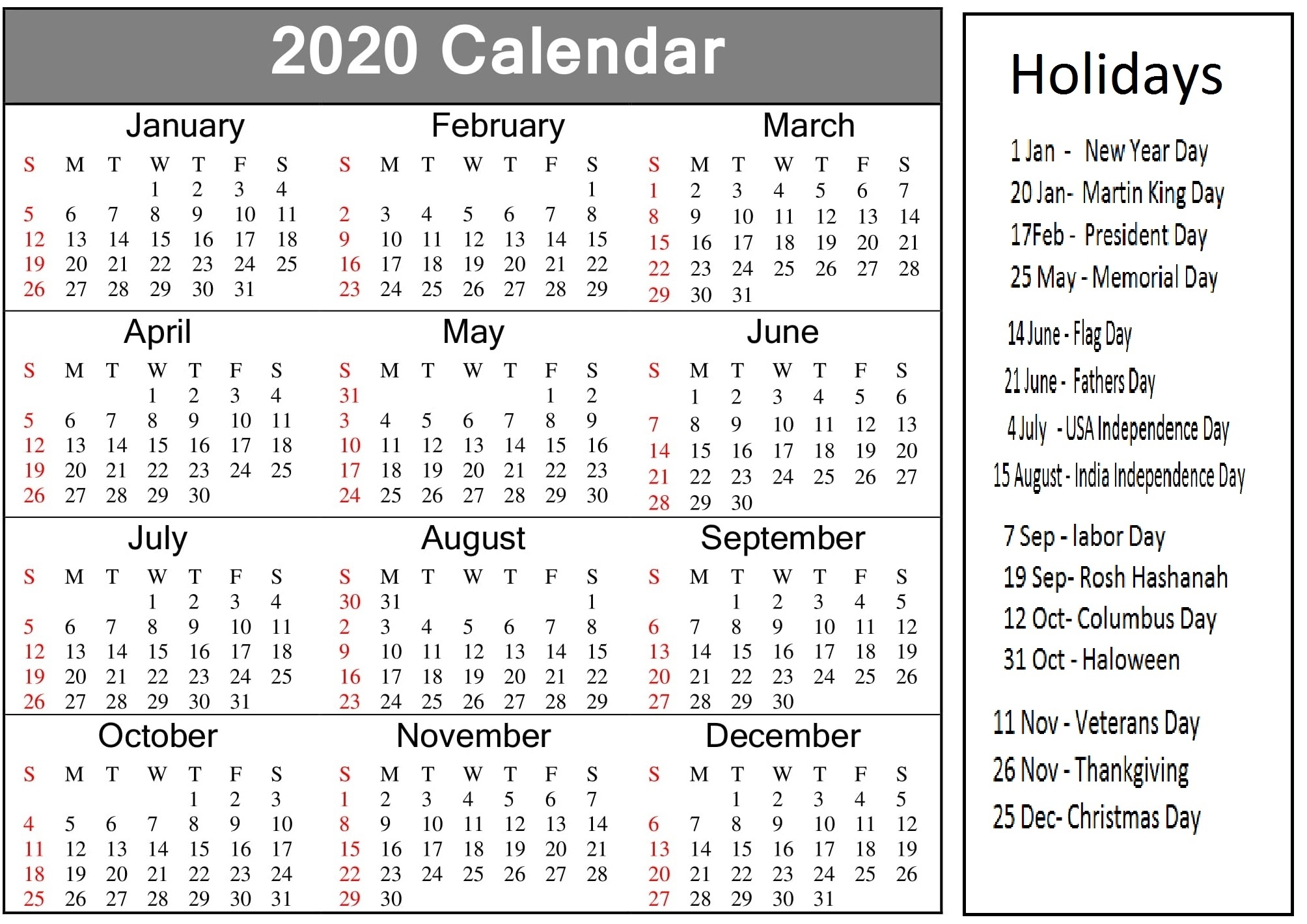Printable 2020 Calendar With American Holidays - Latest 2020 Calendar Showing Federal Holidays