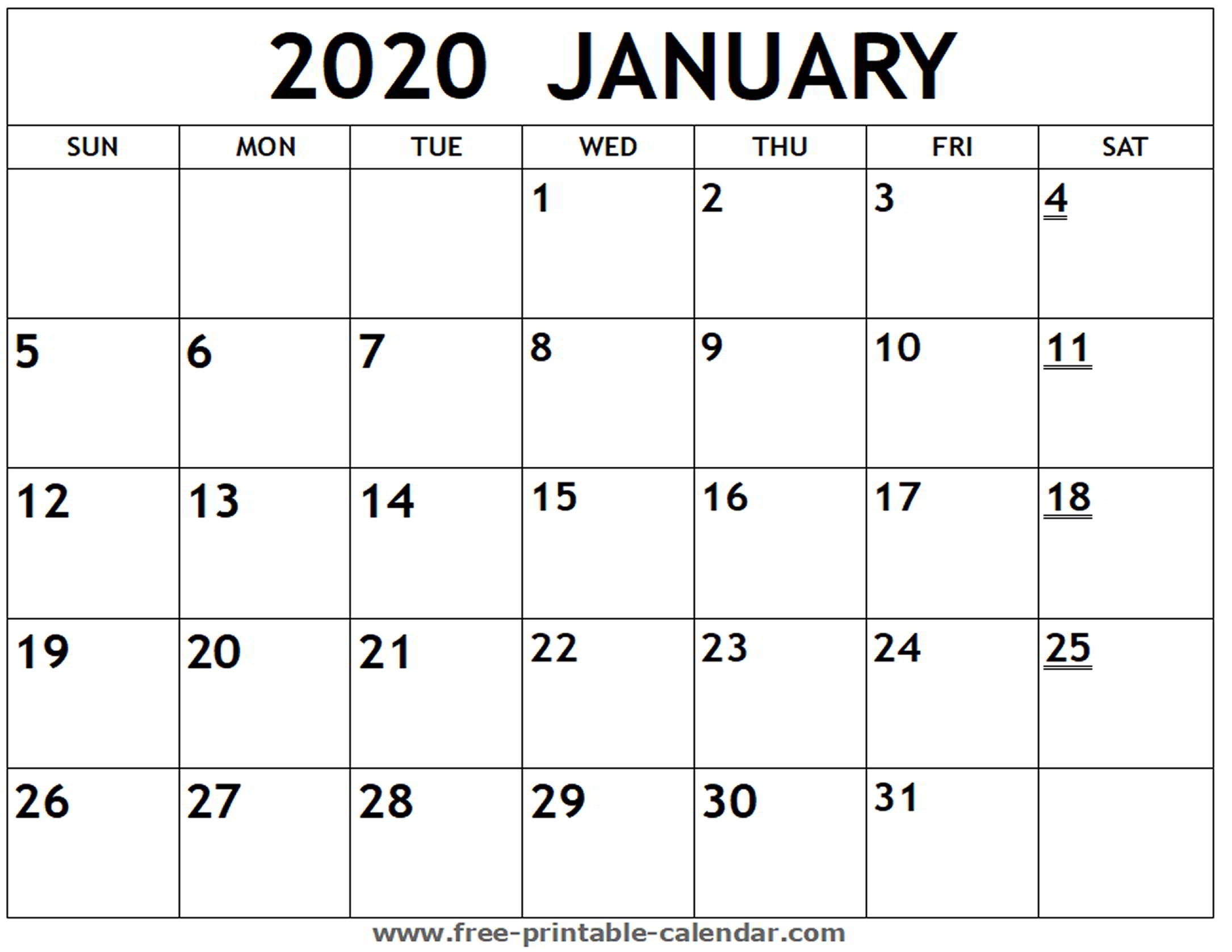 Printable 2020 January Calendar - Free-Printable-Calendar Free Printable 2020 Monthly Calendar