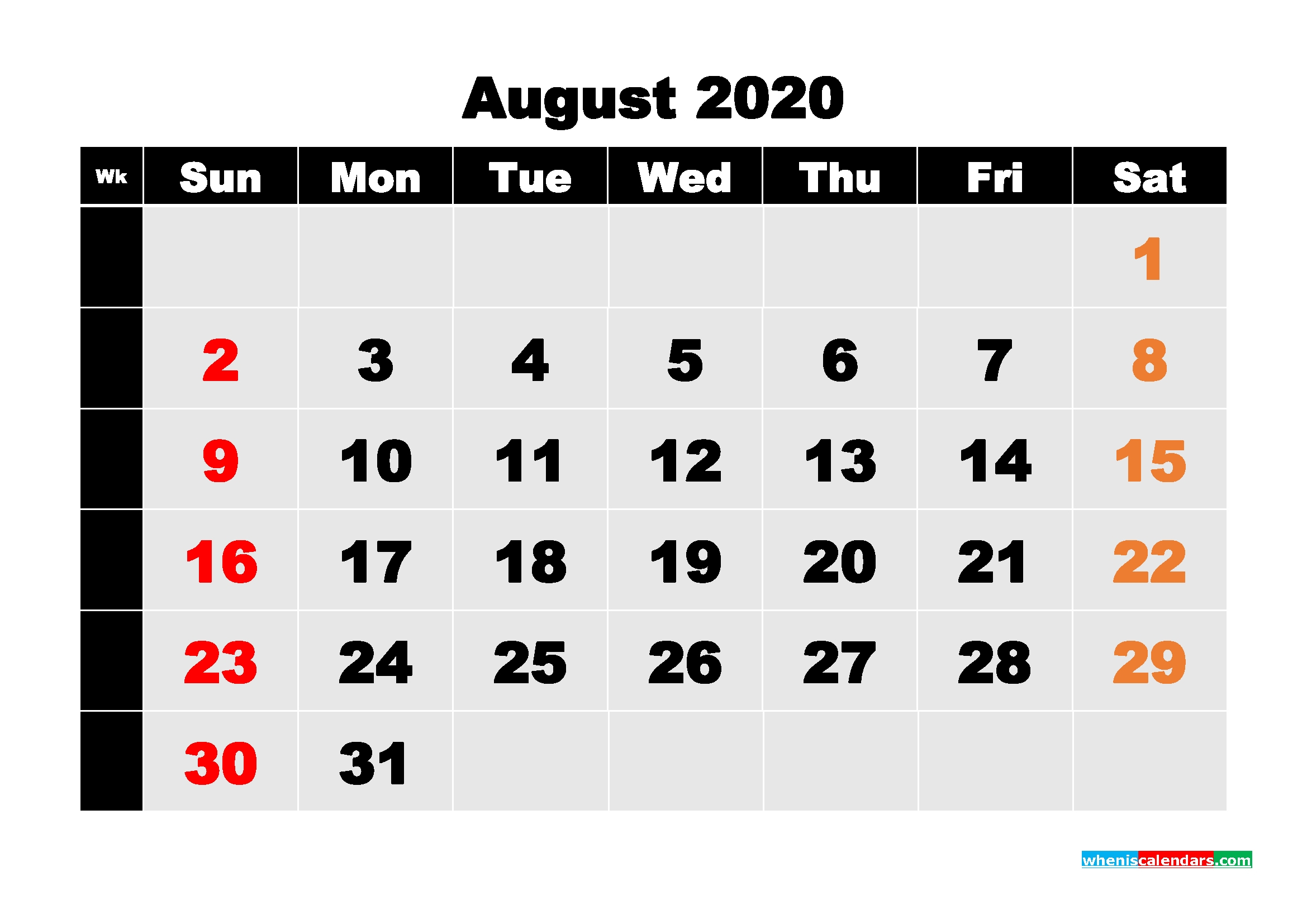 Printable 2020 Monthly Calendar With Week Numbers August Incredible Blank Calendars With Days Of The Week Not Numbered
