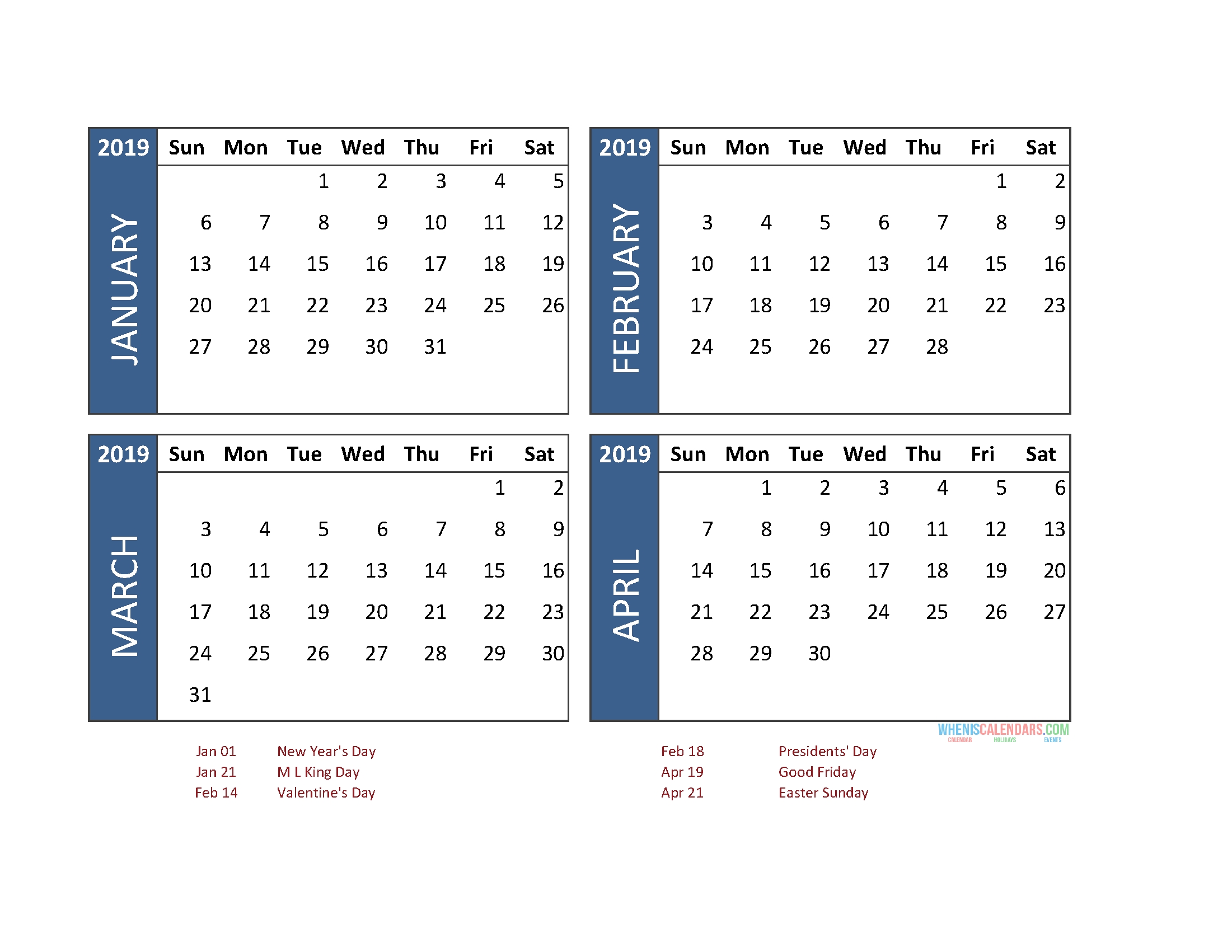 Printable 4 Month Calendar 2019 January February March April 2020 Calendar 4 Months Per Page Printable