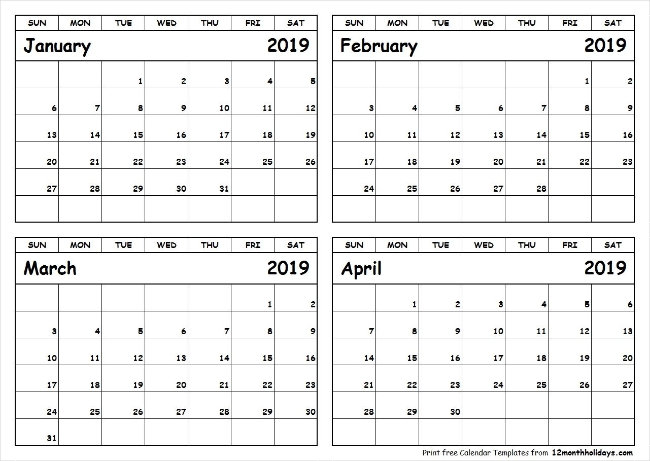 Printable Blank Four Month January February March April 2019 Four Month Calendar Small Printable