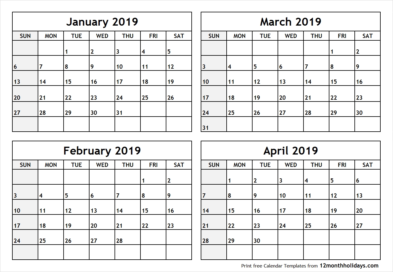 Printable Blank Four Month January February March April 2019 Remarkable Blank Four Month Calendar On One Page