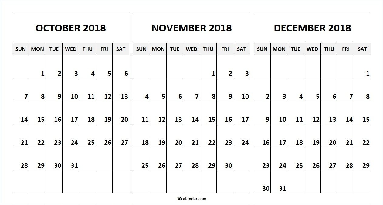 Printable Blank October November December 2018 Calendar Blank Month Calendar 30 Days