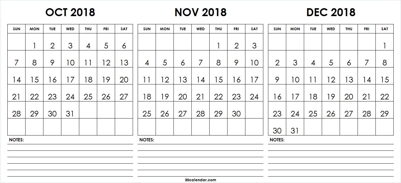Printable Blank October November December Calendar 2018 Impressive Blank Month Calendar 30 Days