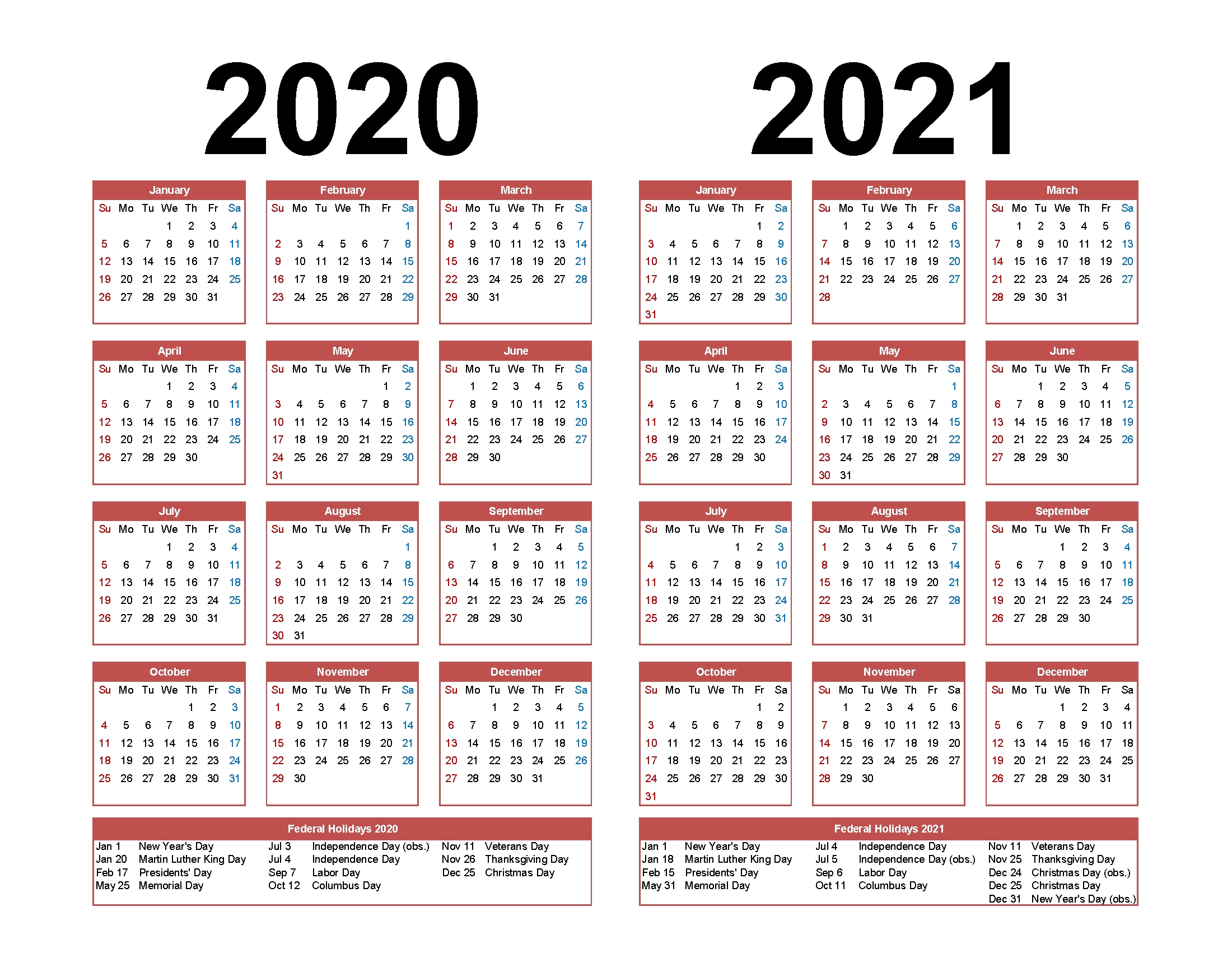 Printable Calendar 2020 2021 Two Year Per Page Free Pdf Free Printable 2 Page Calendar 2020