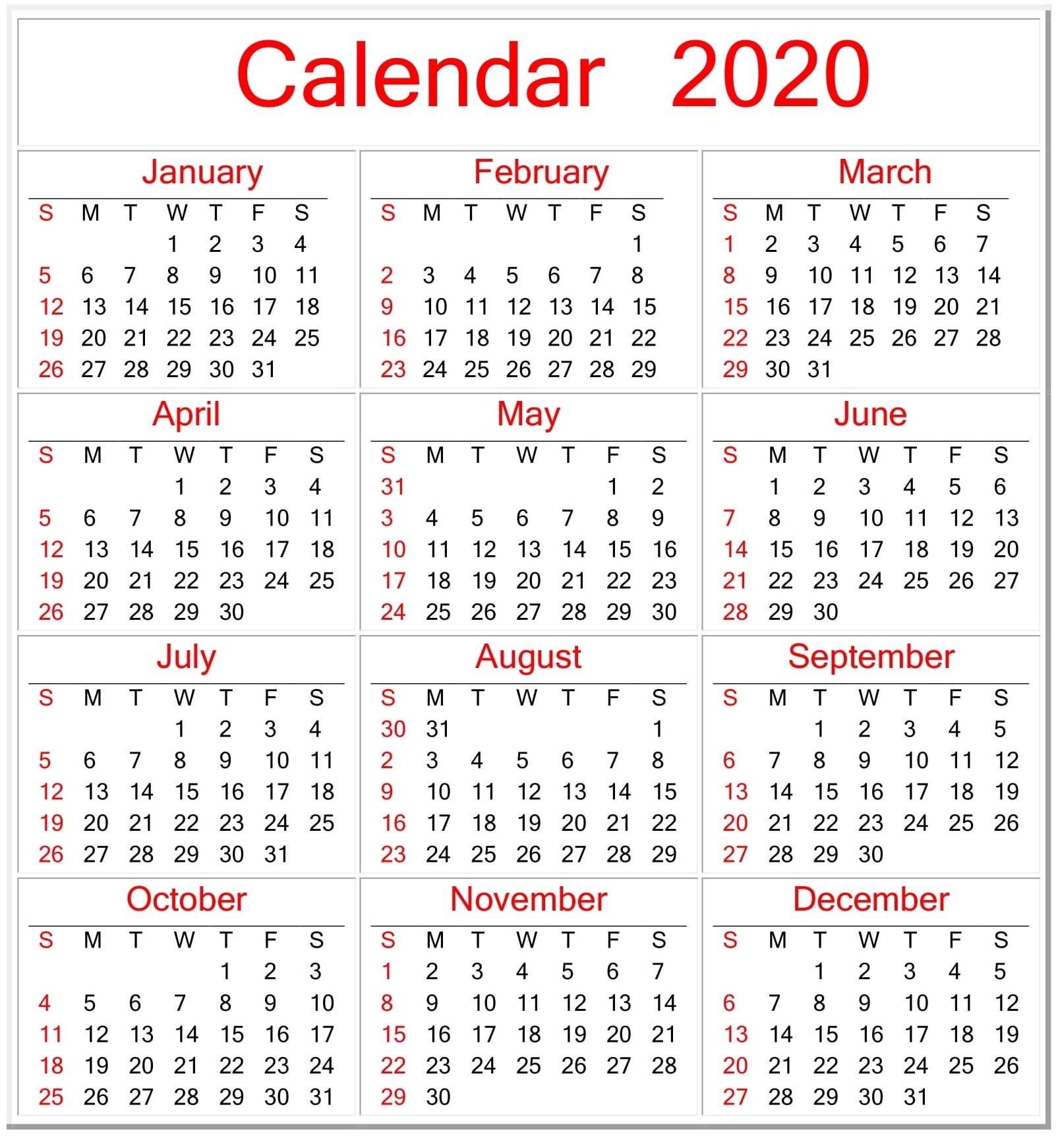 Printable Calendar 2020 Pdf Template – Free Latest Calendar Printable 2020Calender For The Whole Year