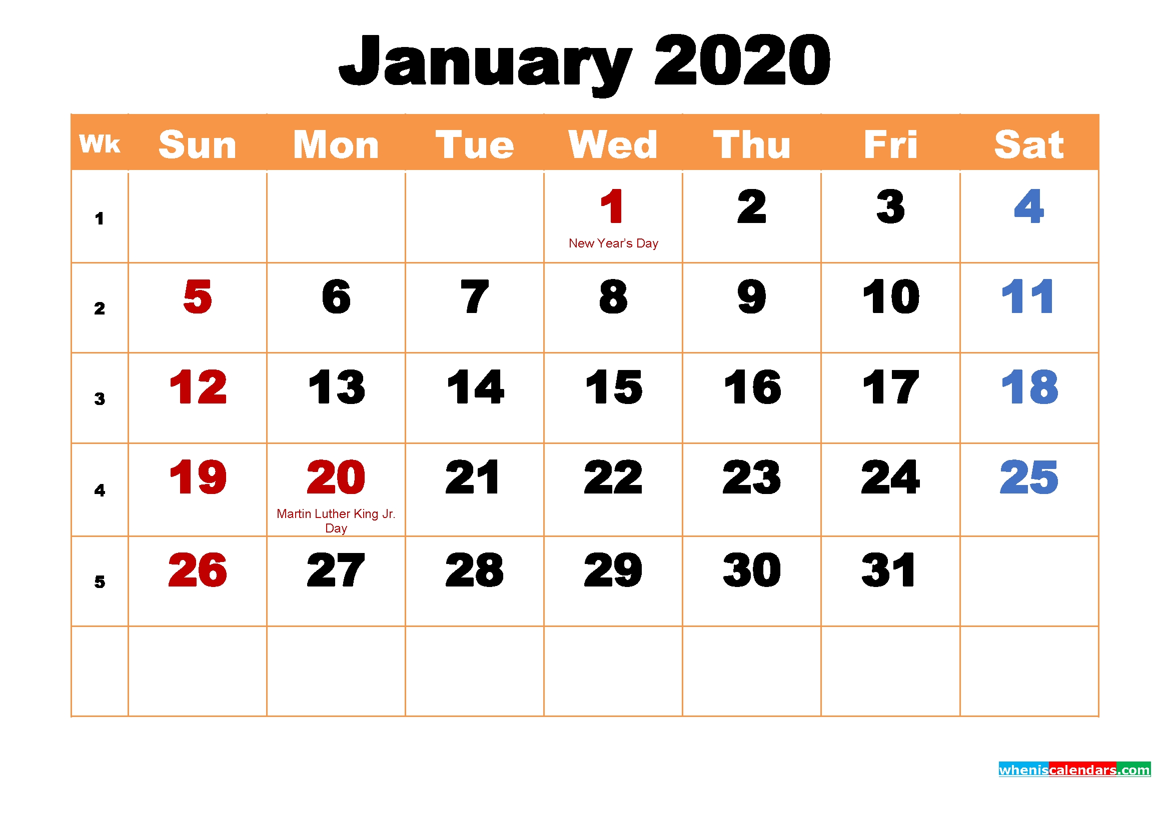 Printable Calendar For January 2020 | Free Printable 2020 2020 Printable Calendar With Jewish Holidays