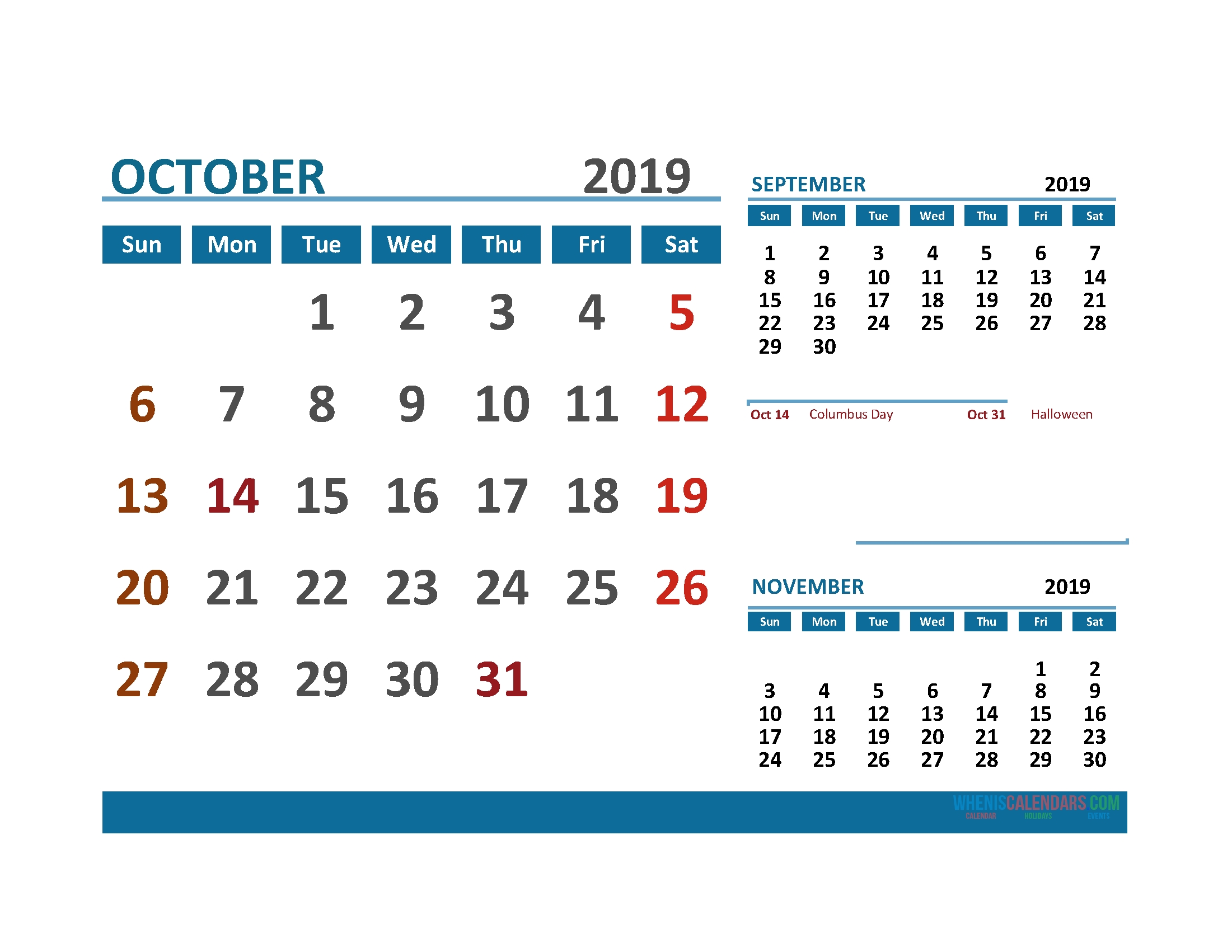Printable Calendar October 2019 With Holidays 1 Month On 1 Three Calendar Monthas From 25 October