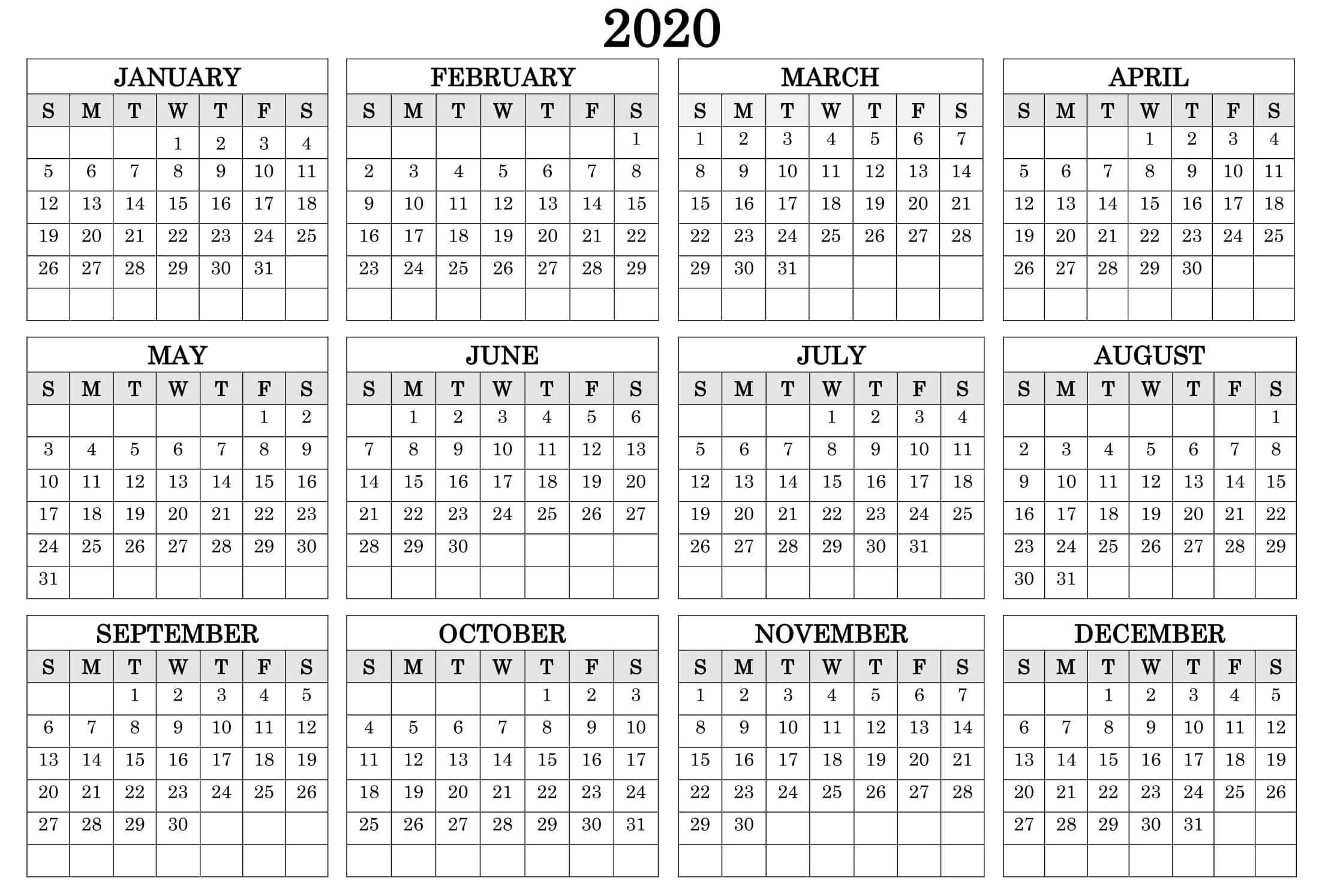 Printable Calendar Year 2020 Holidays Fillable Pdf - Set 12 Month View Calendar Printable